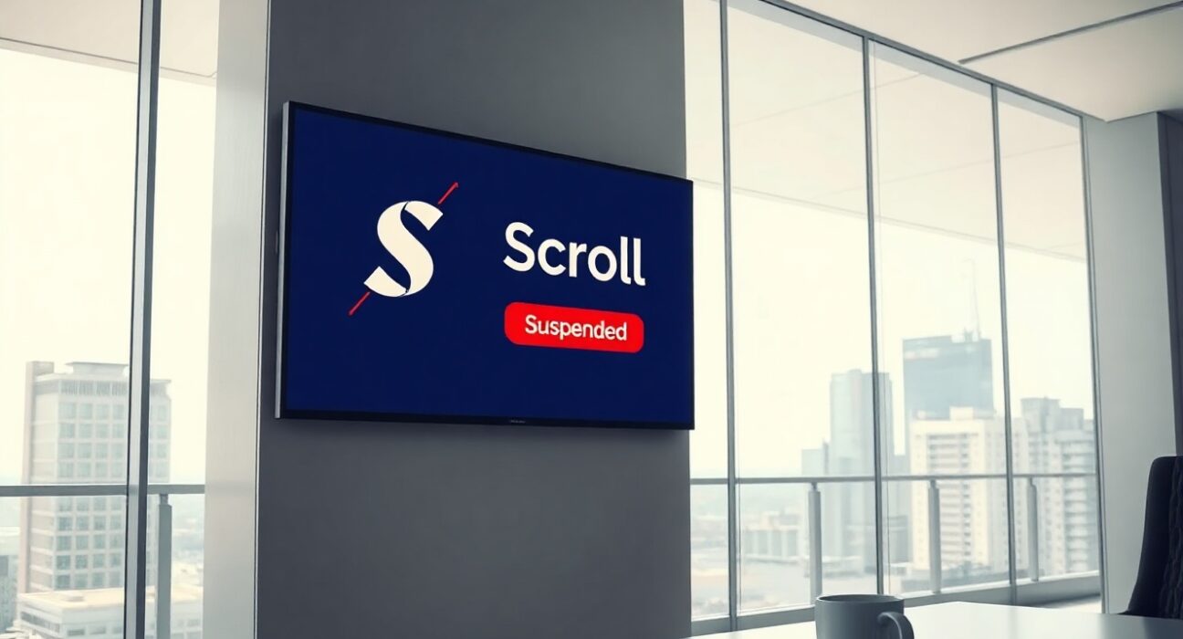 Bithumb exchange office with digital screen showing Scroll (SCR) suspended notification