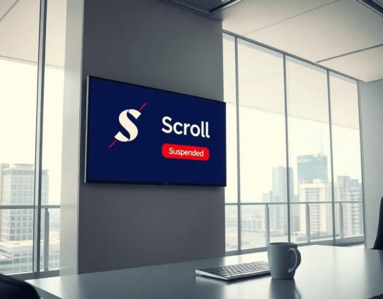 Bithumb exchange office with digital screen showing Scroll (SCR) suspended notification