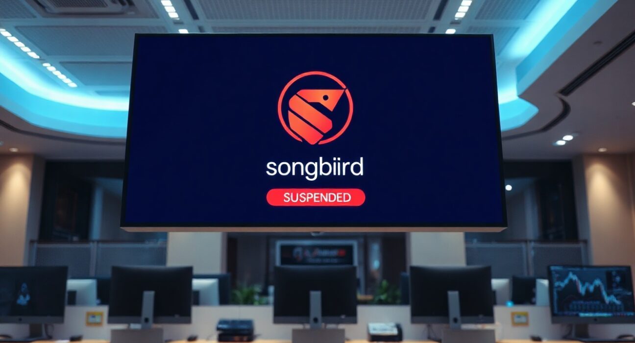 Bithumb exchange trading floor with Songbird SGB suspension notice on digital screen
