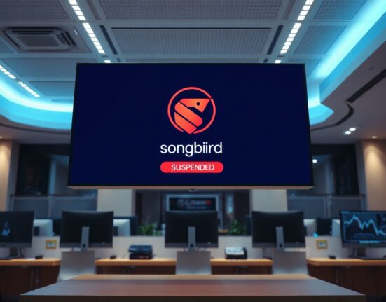 Bithumb exchange trading floor with Songbird SGB suspension notice on digital screen