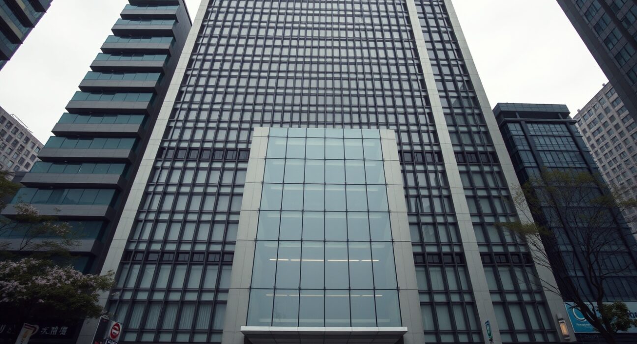 Exterior of a modern financial building in Seoul, representing Bithumb crypto exchange