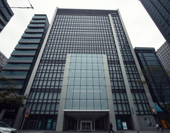 Exterior of a modern financial building in Seoul, representing Bithumb crypto exchange