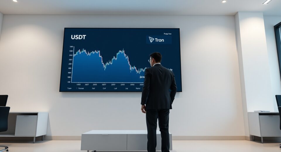 Bithumb exchange office with digital display showing USDT and Tron charts