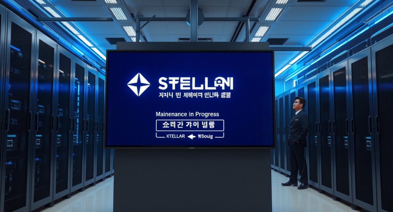Bithumb exchange server room with Stellar XLM maintenance notice on screen