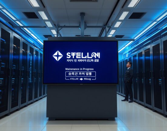 Bithumb exchange server room with Stellar XLM maintenance notice on screen