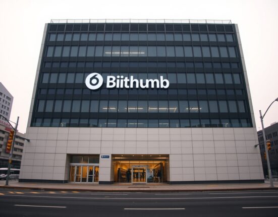 Bithumb exchange building exterior in Seoul during early morning, representing the exchange's operational pause for XRP wallet maintenance.