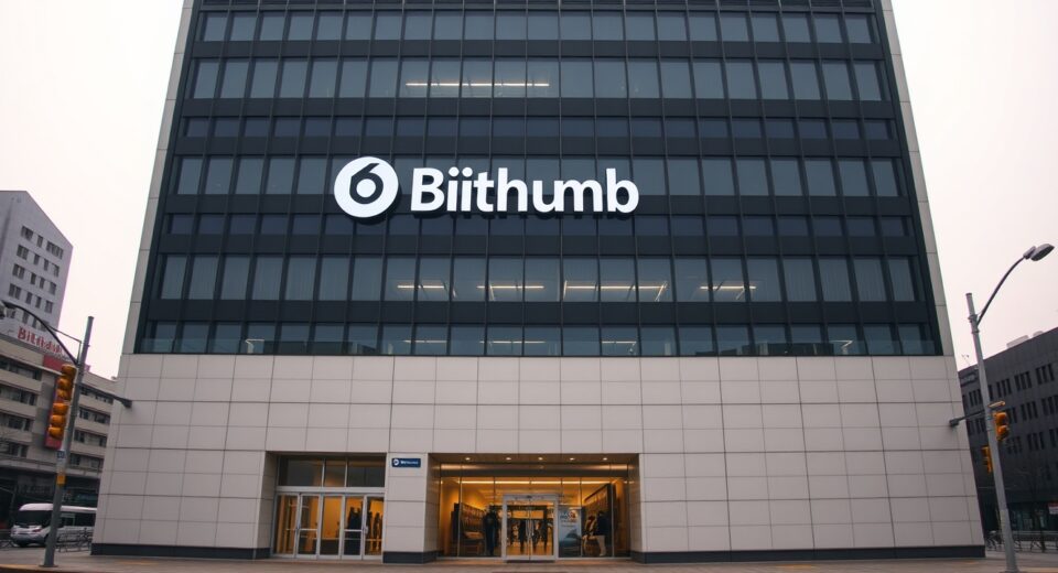 Bithumb exchange building exterior in Seoul during early morning, representing the exchange's operational pause for XRP wallet maintenance.
