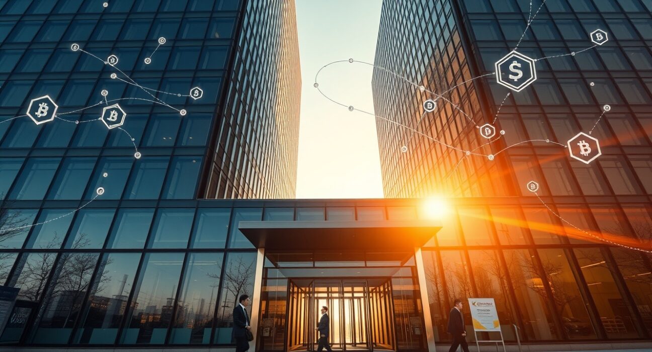 Modern office building in Seoul representing Bithumb's headquarters with digital crypto symbols