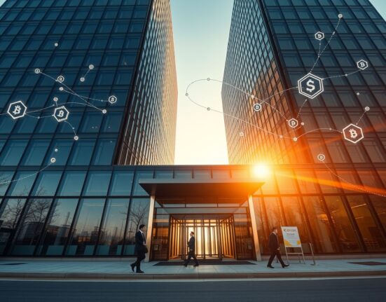 Modern office building in Seoul representing Bithumb's headquarters with digital crypto symbols