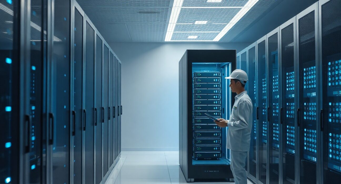 Cryptocurrency exchange server room with maintenance worker preparing for network upgrade