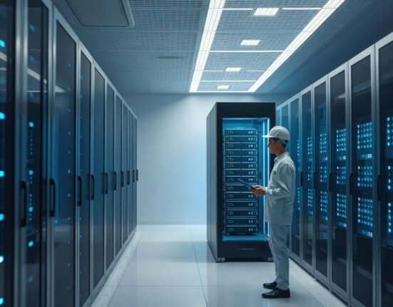 Cryptocurrency exchange server room with maintenance worker preparing for network upgrade