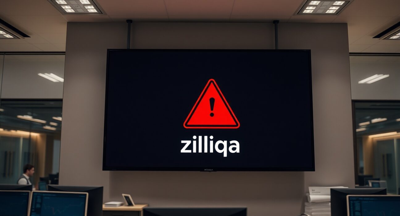 Digital monitor displaying a security alert and Zilliqa (ZIL) logo in a modern newsroom setting.