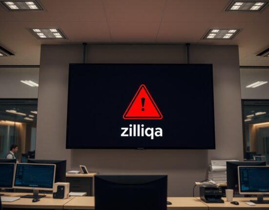 Digital monitor displaying a security alert and Zilliqa (ZIL) logo in a modern newsroom setting.