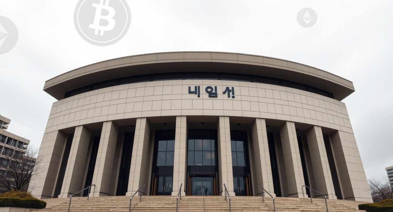 South Korean courthouse with cryptocurrency symbols representing Bithumb court ruling on suspension halt