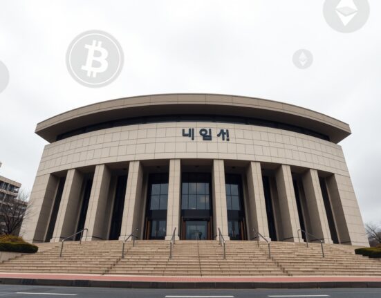 South Korean courthouse with cryptocurrency symbols representing Bithumb court ruling on suspension halt