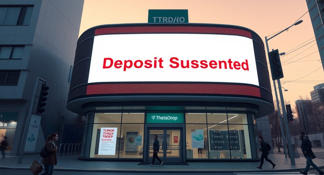 Bithumb exchange building in Seoul with digital billboard announcing TDROP deposit suspension for ThetaDrop network maintenance
