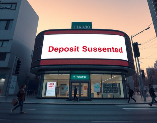 Bithumb exchange building in Seoul with digital billboard announcing TDROP deposit suspension for ThetaDrop network maintenance