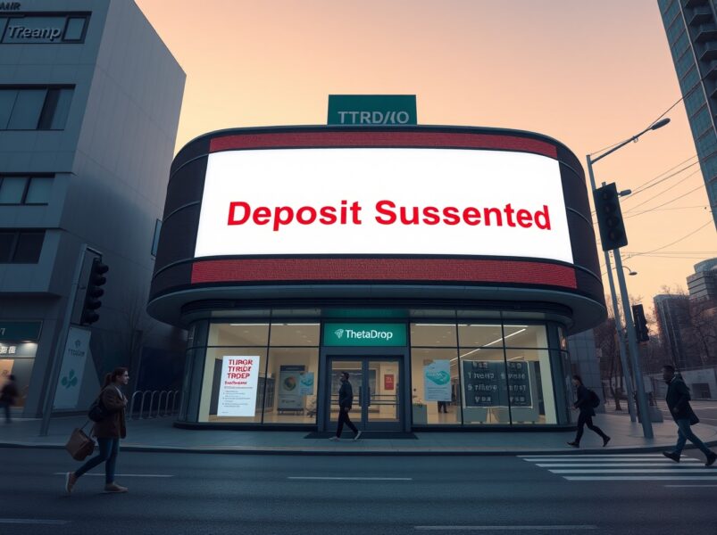 Bithumb exchange building in Seoul with digital billboard announcing TDROP deposit suspension for ThetaDrop network maintenance