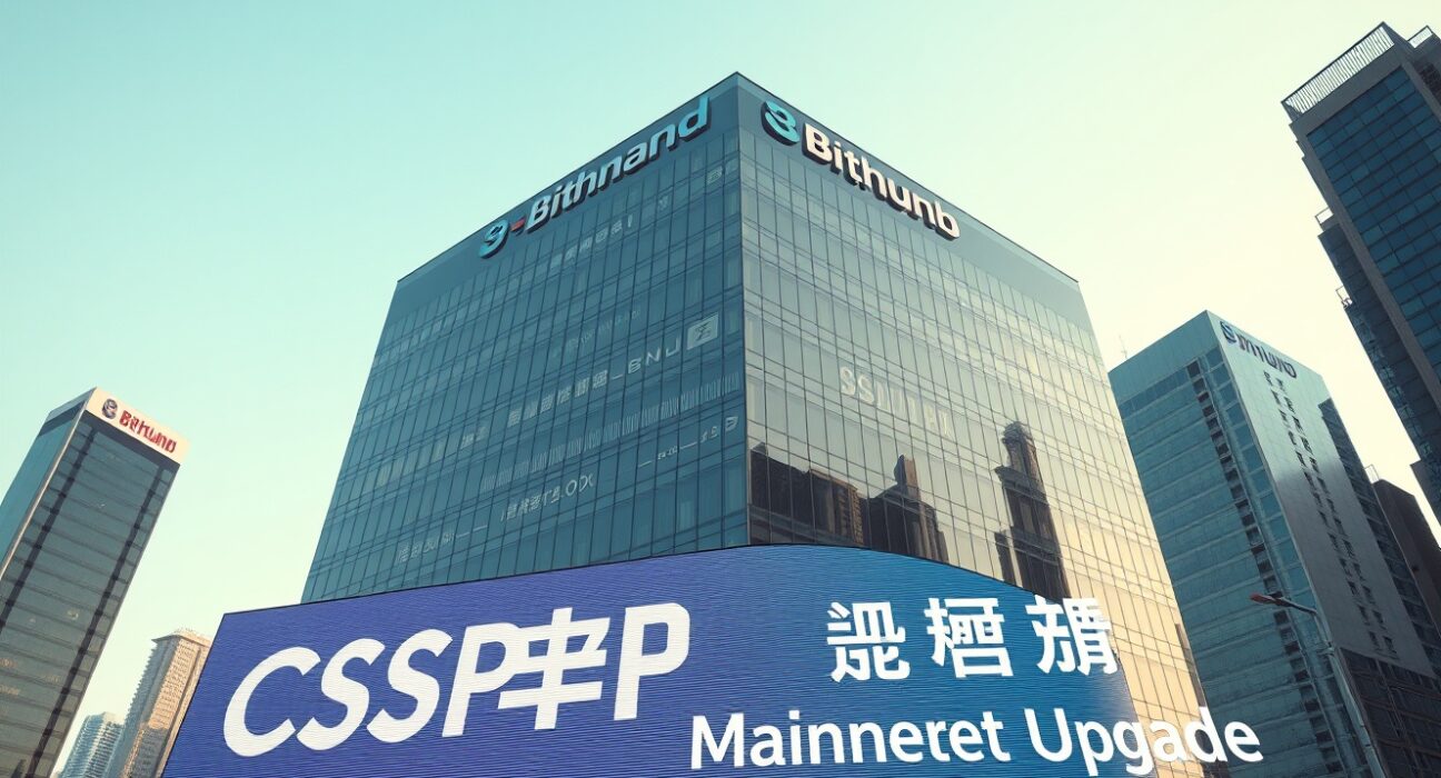 Exterior of a modern exchange building with CSPR and mainnet upgrade displayed on a digital sign