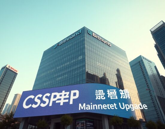 Exterior of a modern exchange building with CSPR and mainnet upgrade displayed on a digital sign