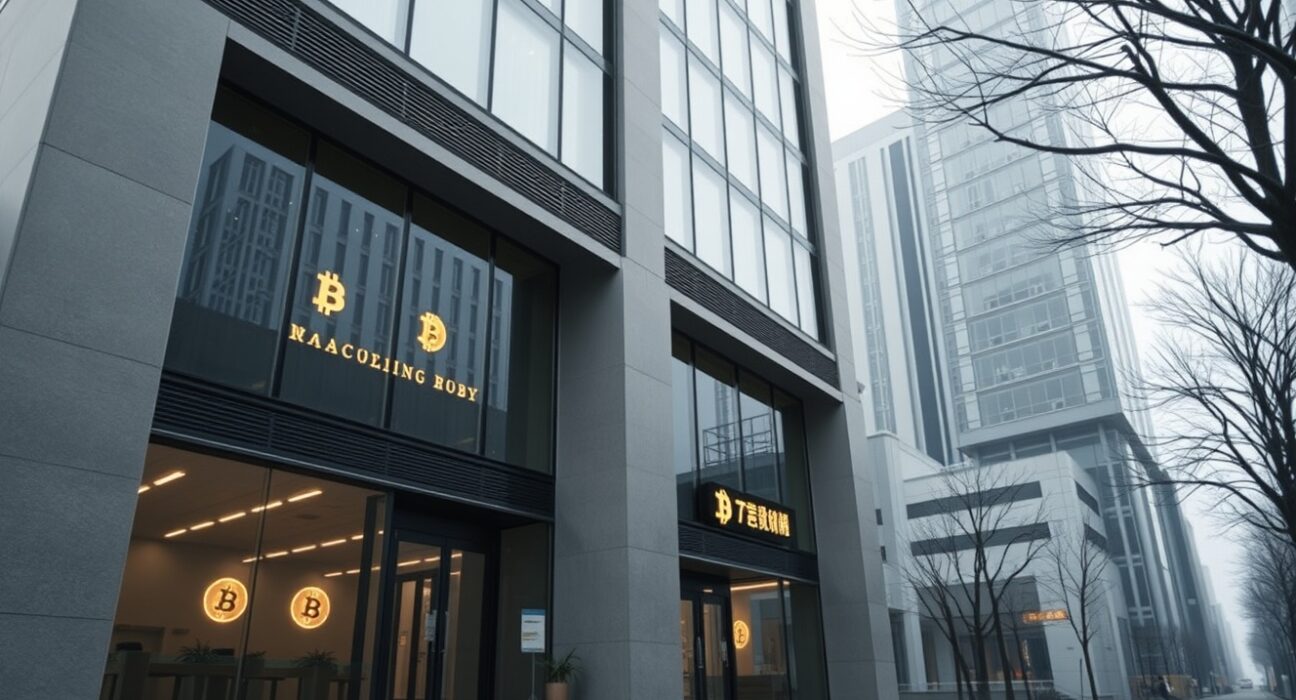 Exterior of a modern financial building in Seoul representing Bithumb exchange