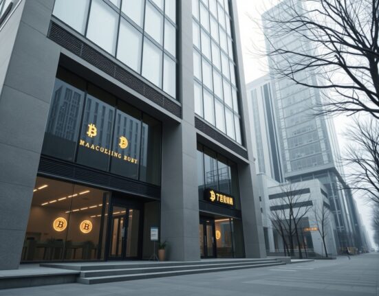Exterior of a modern financial building in Seoul representing Bithumb exchange