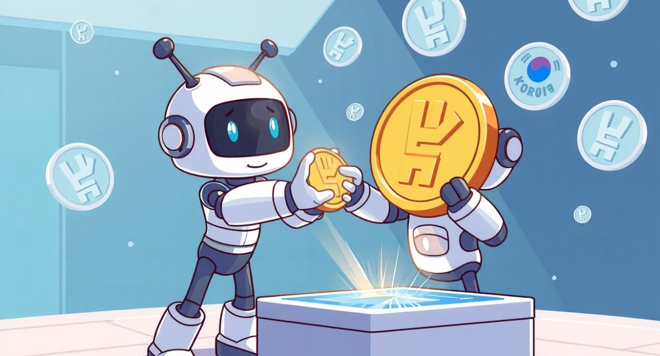 Bithumb THQ listing announcement illustrated as a robot adding a coin to a digital exchange.