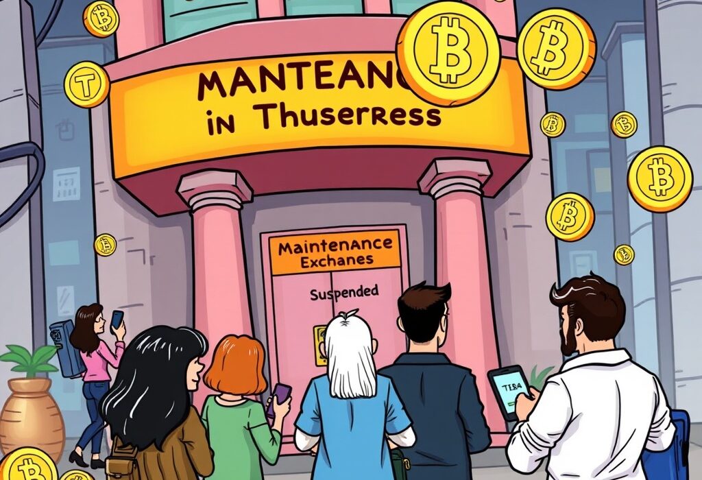 Cartoon illustration showing the temporary Bithumb TIA suspension, with users looking at their phones and a 'Maintenance' sign on an exchange building.