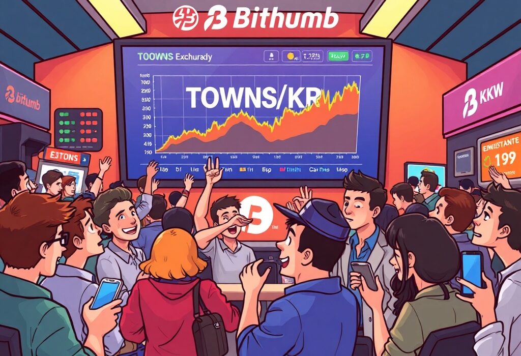 A vibrant cartoon illustration depicting a bustling Bithumb crypto exchange with traders excitedly reacting to the new TOWNS/KRW listing announcement.