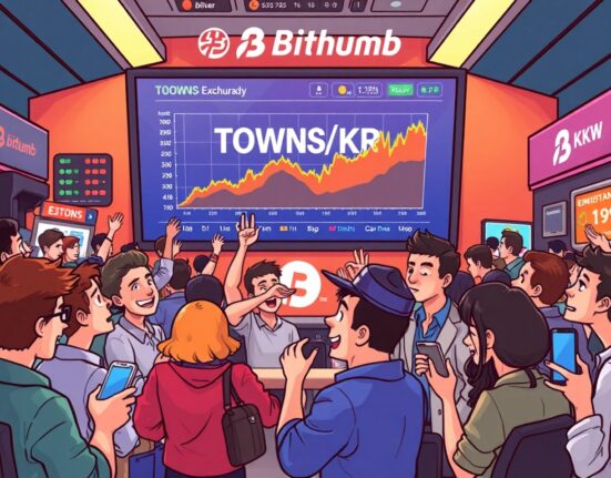 A vibrant cartoon illustration depicting a bustling Bithumb crypto exchange with traders excitedly reacting to the new TOWNS/KRW listing announcement.