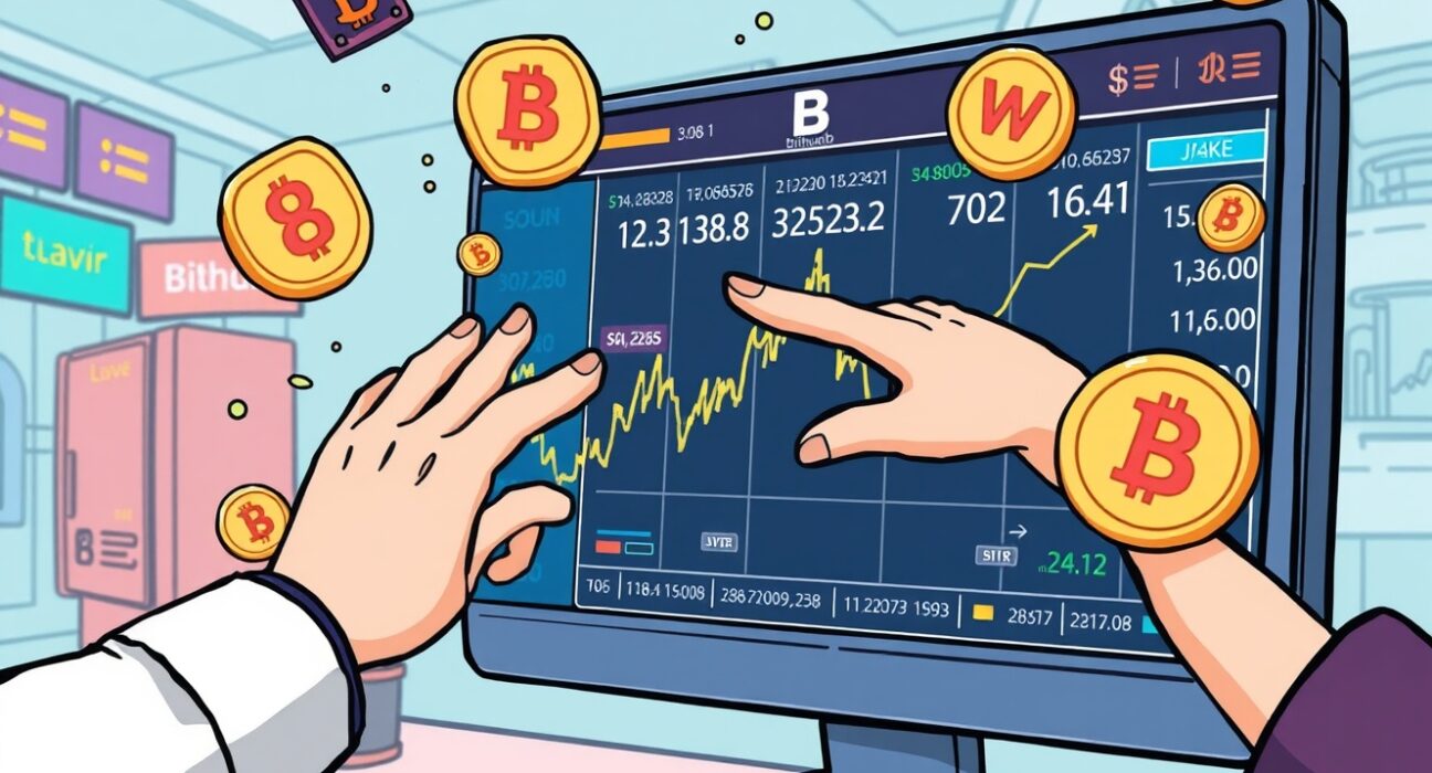 An investor actively engaging in Bithumb trading on a digital interface, highlighting the new BARD and TAO listings against the Won.