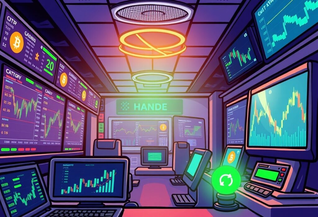Cartoon illustration of a smoothly operating crypto exchange, symbolizing the successful resumption of Bithumb trading services after maintenance.