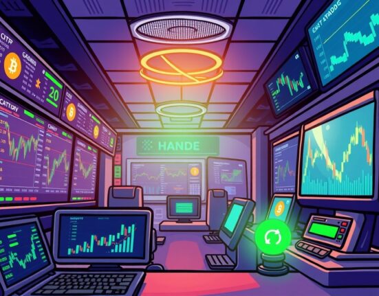Cartoon illustration of a smoothly operating crypto exchange, symbolizing the successful resumption of Bithumb trading services after maintenance.