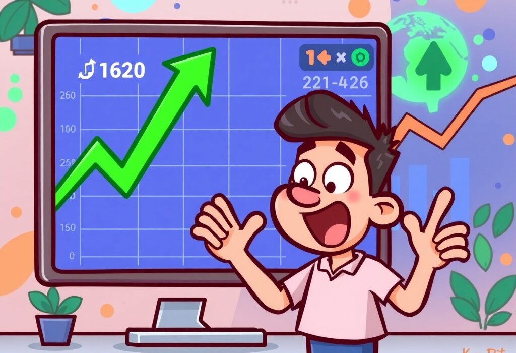 Cartoon image depicting a digital trading screen showing a successful Bithumb TREE listing, symbolizing new opportunities for traders.
