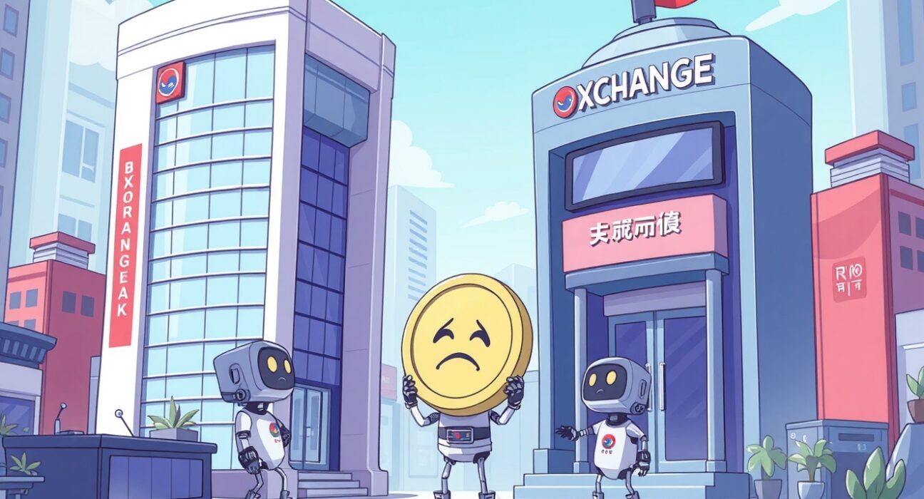 A cartoon illustrating the Groestlcoin delisting from major South Korean cryptocurrency exchanges.