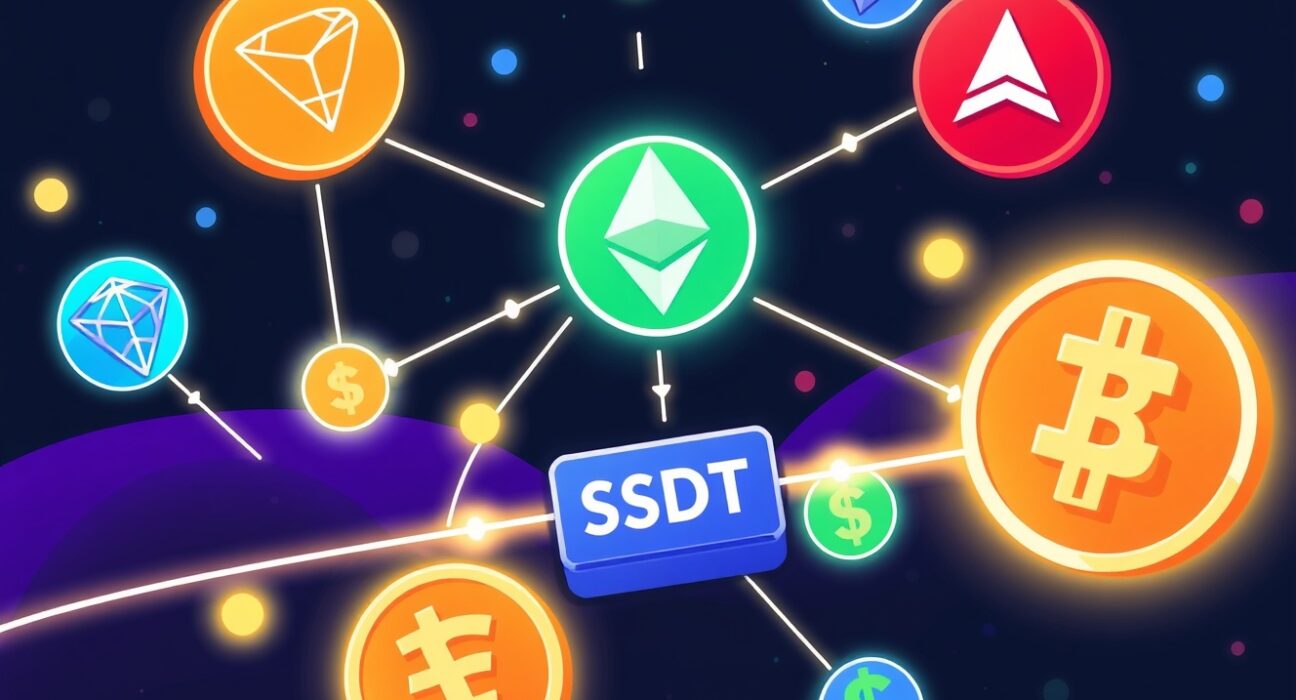 A cartoon illustration showing seamless Bithumb USDT multi-chain support across various blockchain networks.