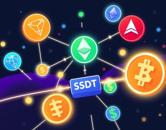 A cartoon illustration showing seamless Bithumb USDT multi-chain support across various blockchain networks.