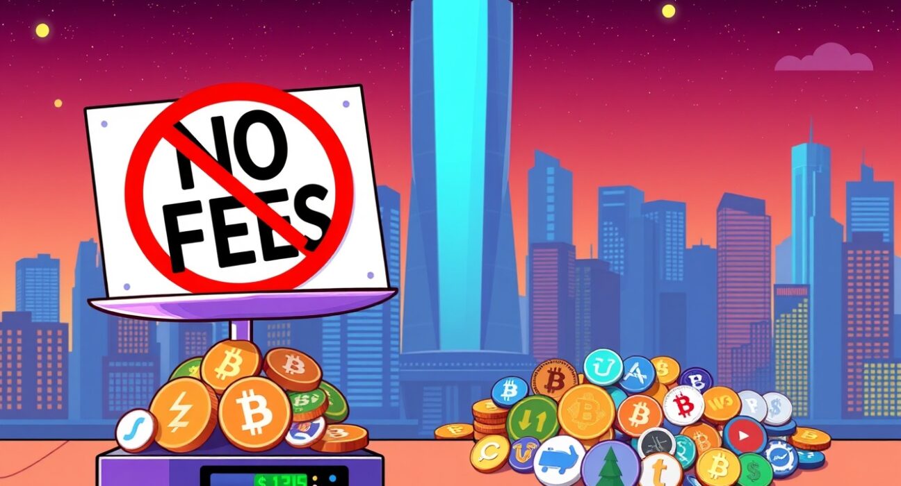 A cartoon illustration depicting the excitement of zero Bithumb trading fees for cryptocurrencies on an exchange.