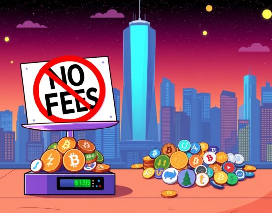 A cartoon illustration depicting the excitement of zero Bithumb trading fees for cryptocurrencies on an exchange.
