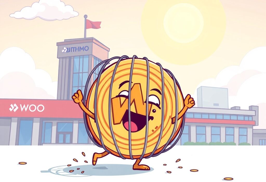 Cartoon illustration depicting the positive impact of Bithumb WOO removal from the cautionary list, symbolizing renewed investor confidence.