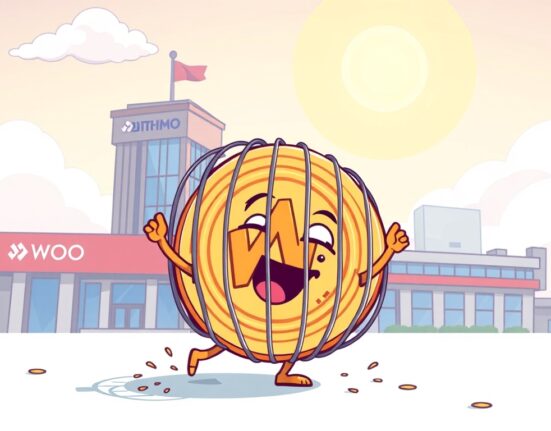 Cartoon illustration depicting the positive impact of Bithumb WOO removal from the cautionary list, symbolizing renewed investor confidence.