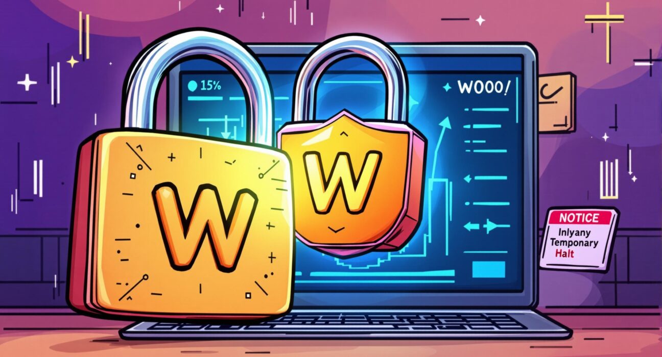 A cartoon illustration showing a protective measure being taken over a WOO token symbol, representing the Bithumb WOO suspension due to security concerns.