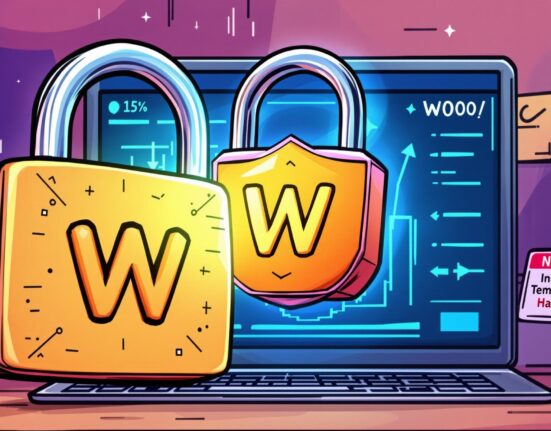 A cartoon illustration showing a protective measure being taken over a WOO token symbol, representing the Bithumb WOO suspension due to security concerns.