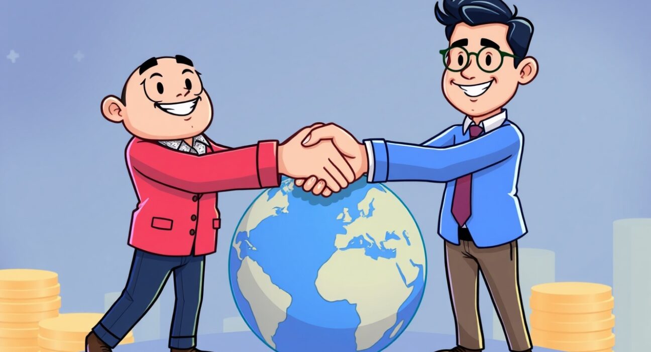 Cartoon illustration showing a handshake between Bithumb and World Liberty Financial entities, symbolizing their strategic partnership for global crypto growth.