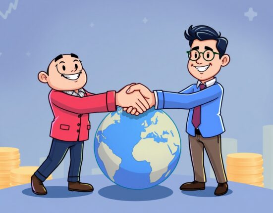 Cartoon illustration showing a handshake between Bithumb and World Liberty Financial entities, symbolizing their strategic partnership for global crypto growth.