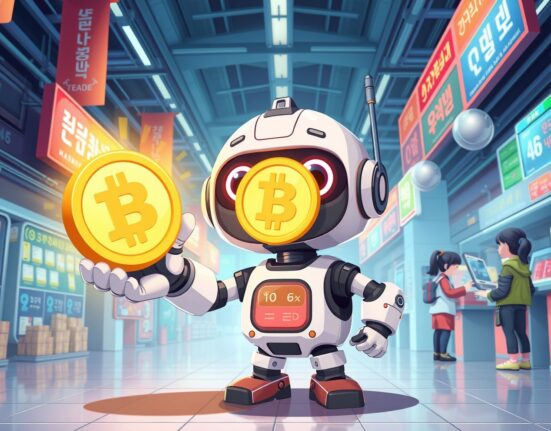 Bithumb Xion listing announcement showing digital token exchange in vibrant cartoon style
