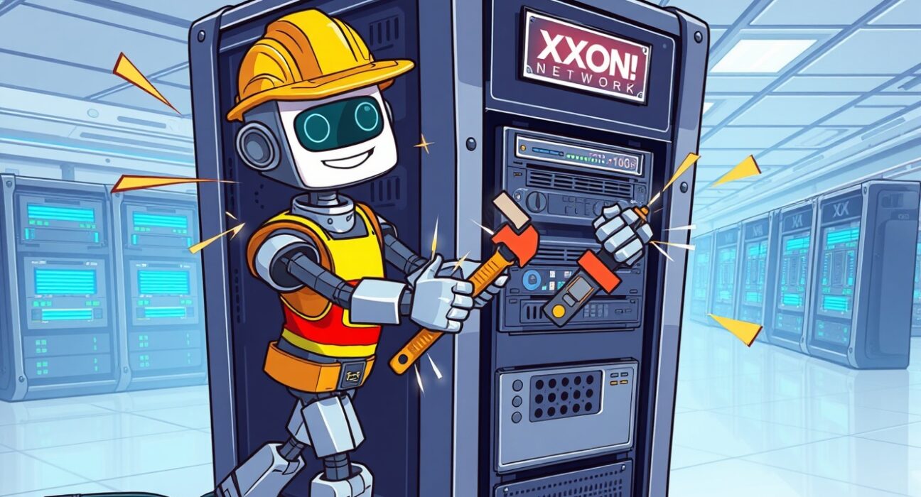 Cartoon illustration of Bithumb XION network upgrade showing digital maintenance on blockchain servers