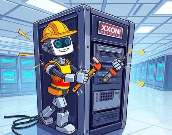 Cartoon illustration of Bithumb XION network upgrade showing digital maintenance on blockchain servers