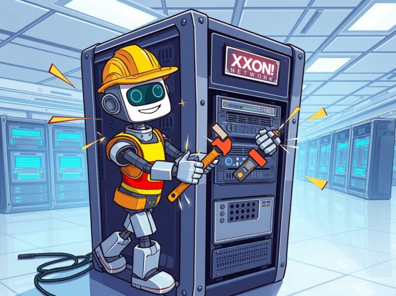Cartoon illustration of Bithumb XION network upgrade showing digital maintenance on blockchain servers