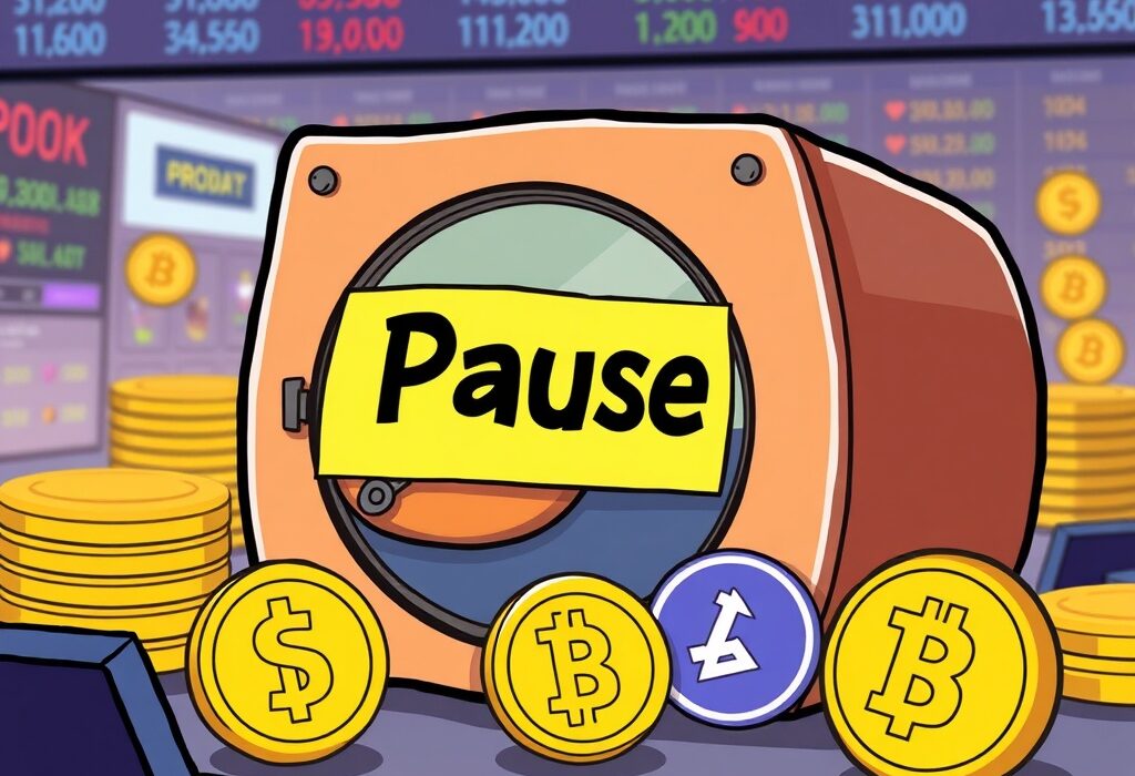 Cartoon depicting a paused transaction symbol over Venus XVS tokens, highlighting the Bithumb XVS suspension due to a security issue.